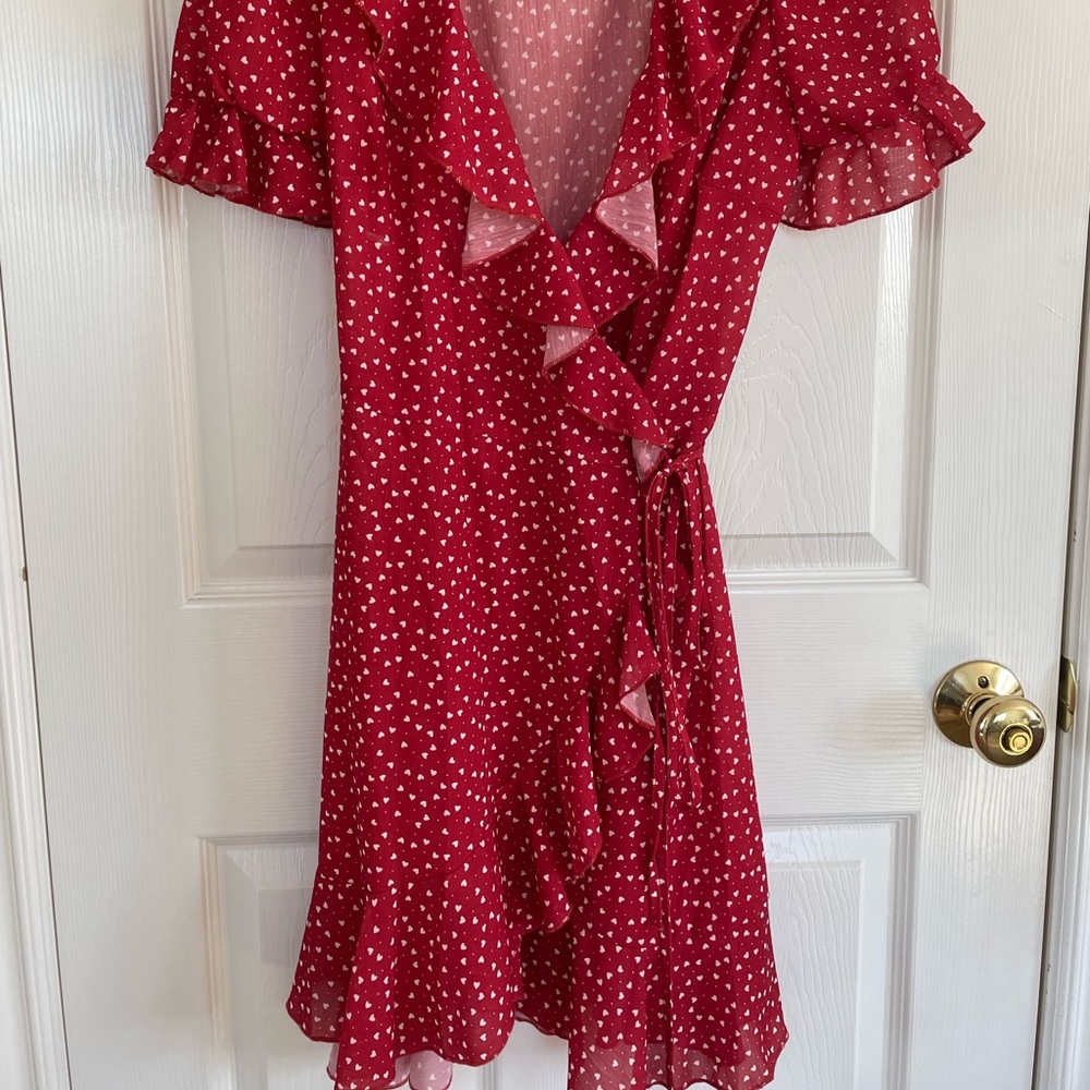 Red Chiffon Wrap Dress w/ Tiny White Hearts